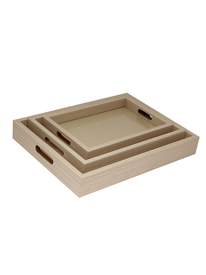 Set de 3 Bandejas de Madera con Fondo de Vidrio y Manijas Beige