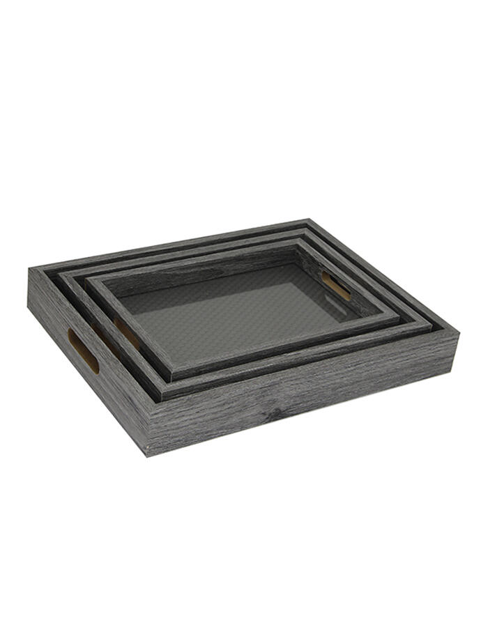 Set de 3 Bandejas de Madera con Fondo de Vidrio y Manijas Gris