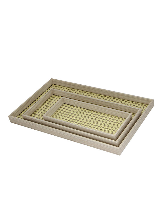 Set de 3 Bandejas de Madera con Fondo de Vidrio Ratan Marron Claro