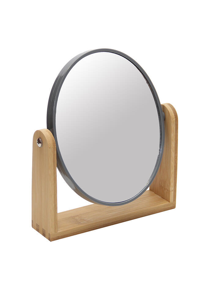 Espejo Make Up Circular con Pie de Madera Gris