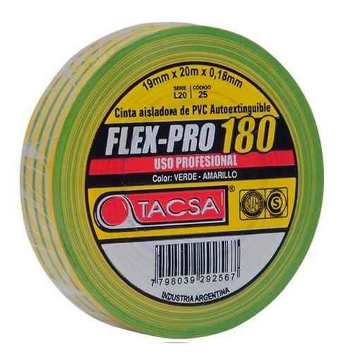 Cinta Aisladora PVC 20mt x 0.18mm Verde Amarillo TACSA