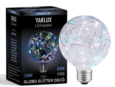 [163155] Lampara Deco Globo Glitter 95mm 1,5W E27 RGB Yarlux